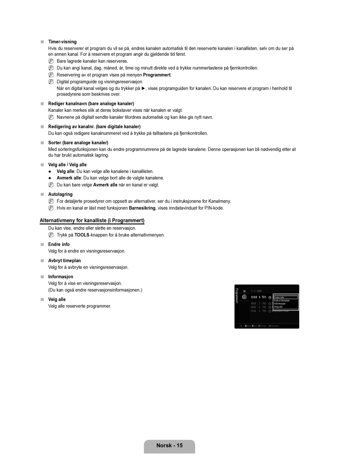 Samsung UE40B6050VWXXE manual Alternativmeny for kanalliste i Programmert 