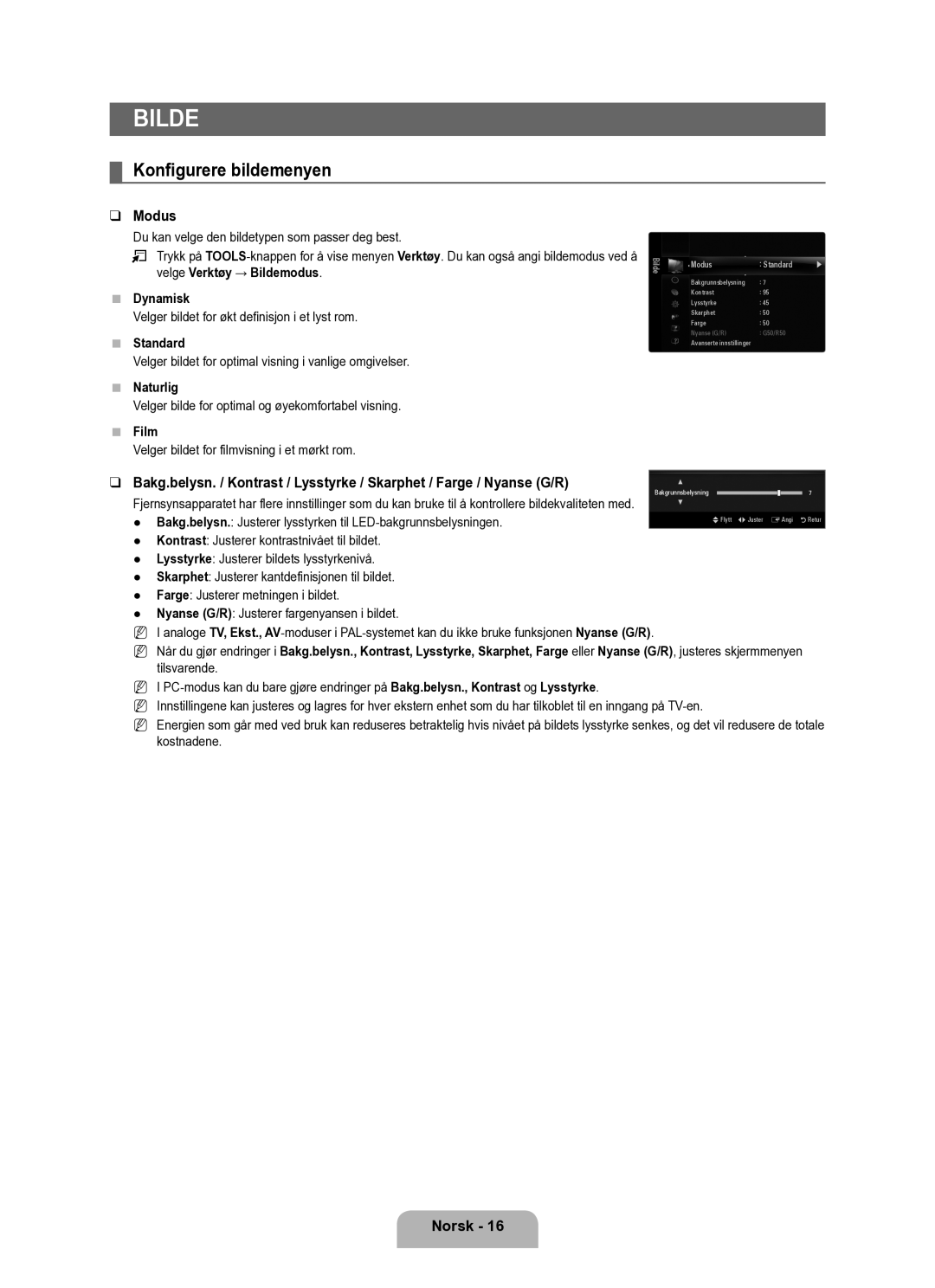 Samsung UE40B6050VWXXE manual Konfigurere bildemenyen, Modus 