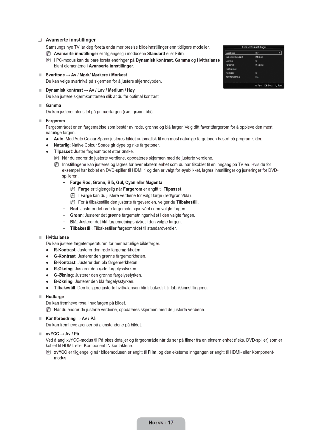 Samsung UE40B6050VWXXE manual Avanserte innstillinger 