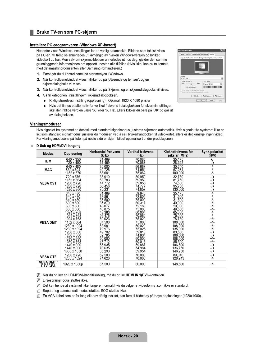 Samsung UE40B6050VWXXE manual Bruke TV-en som PC-skjerm, Installere PC-programvaren Windows XP-basert, Visningsmoduser 