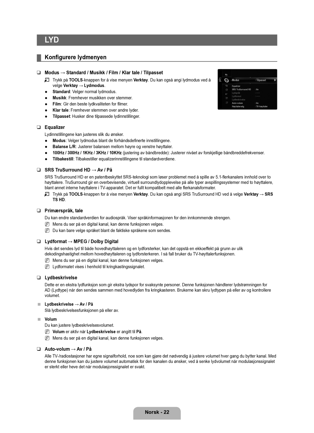 Samsung UE40B6050VWXXE Konfigurere lydmenyen, Modus → Standard / Musikk / Film / Klar tale / Tilpasset, Primærspråk, tale 