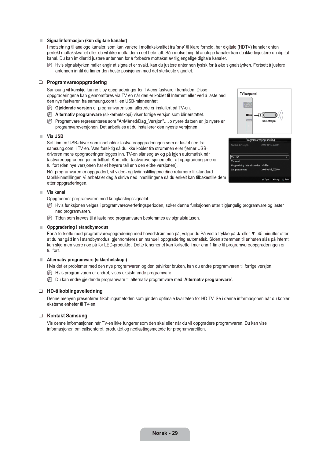 Samsung UE40B6050VWXXE manual Programvareoppgradering, HD-tilkoblingsveiledning, Signalinformasjon kun digitale kanaler 