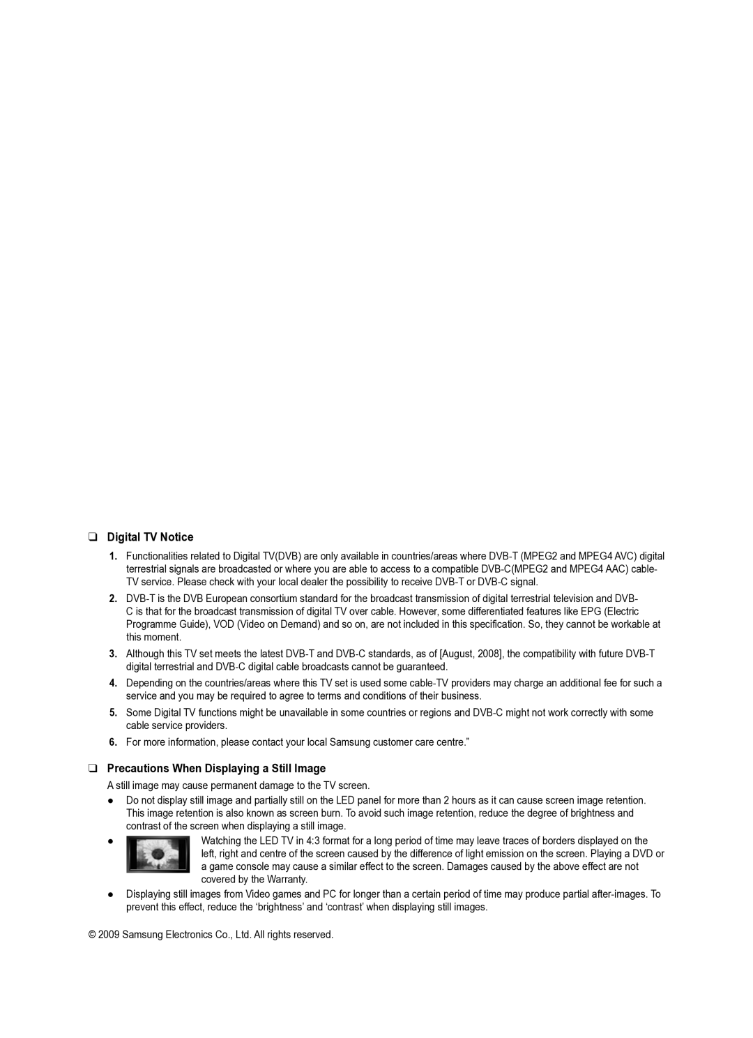 Samsung UE40B6050VWXXE manual Digital TV Notice, Precautions When Displaying a Still Image 