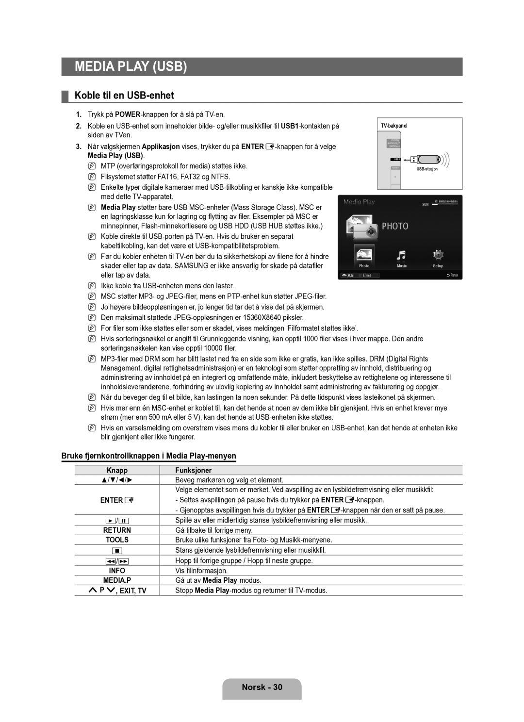 Samsung UE40B6050VWXXE Koble til en USB-enhet, Bruke fjernkontrollknappen i Media Play-menyen, Media Play USB, Funksjoner 