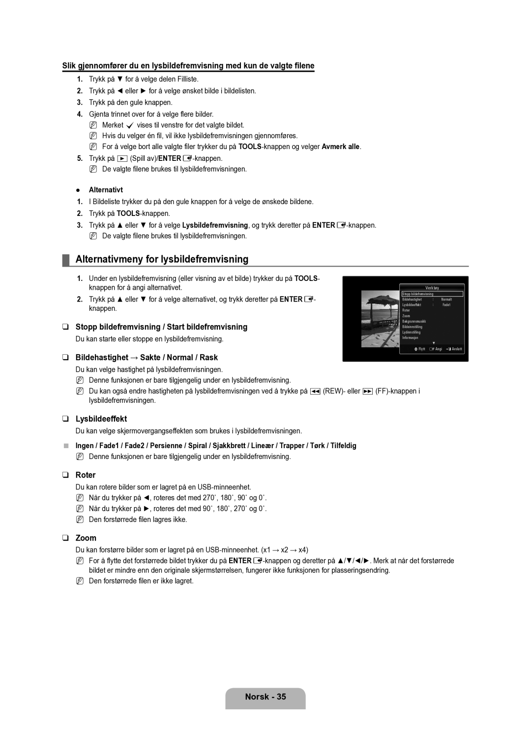 Samsung UE40B6050VWXXE manual Alternativmeny for lysbildefremvisning, Stopp bildefremvisning / Start bildefremvisning 