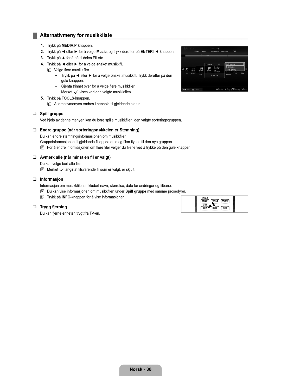 Samsung UE40B6050VWXXE manual Alternativmeny for musikkliste, Endre gruppe når sorteringsnøkkelen er Stemning 