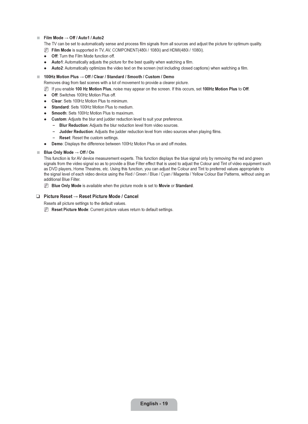 Samsung UE40B6050VWXXE manual Picture Reset → Reset Picture Mode / Cancel, Film Mode → Off / Auto1 / Auto2 