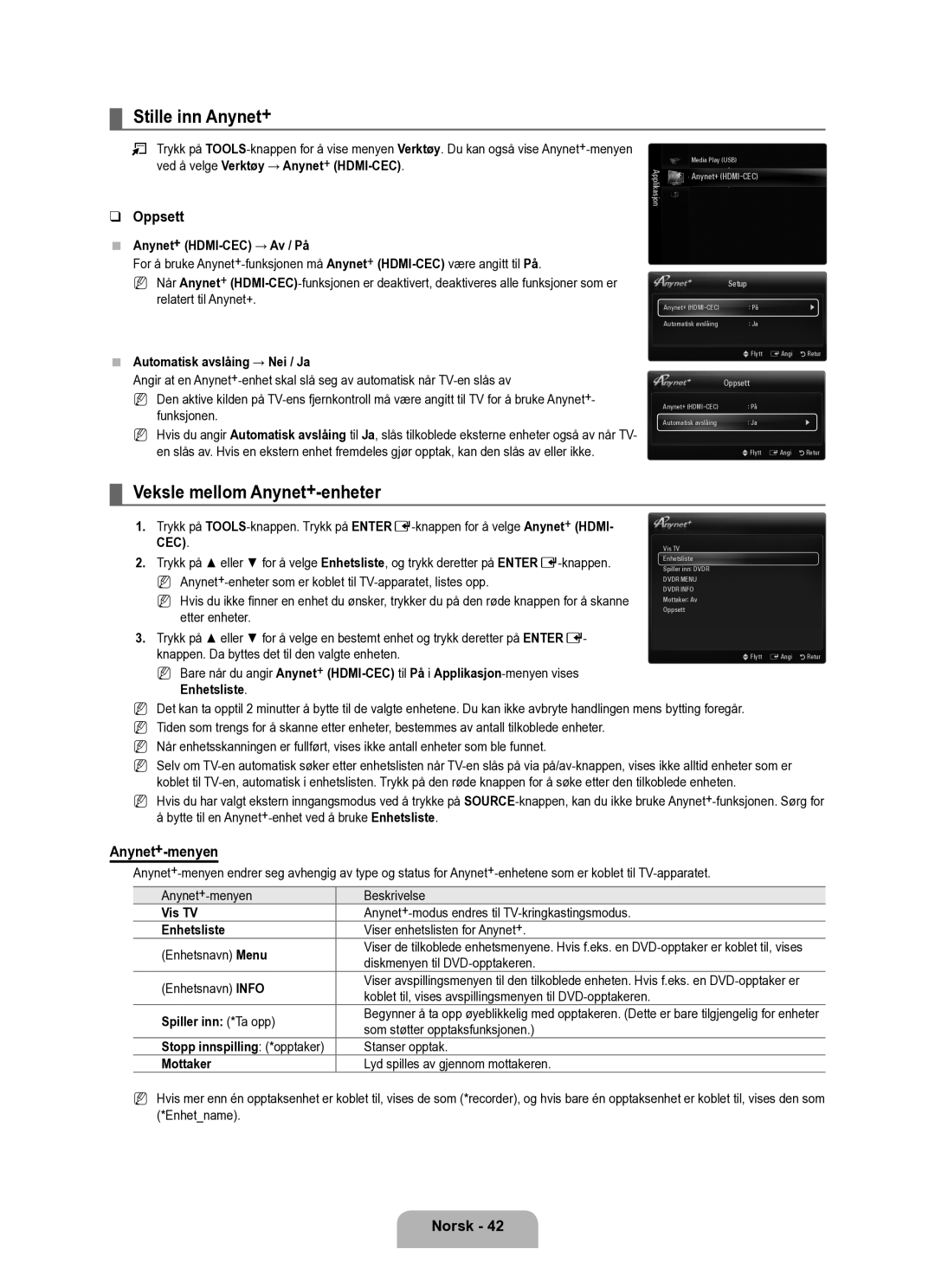 Samsung UE40B6050VWXXE manual Stille inn Anynet+, Veksle mellom Anynet+-enheter, Oppsett, Anynet+-menyen 