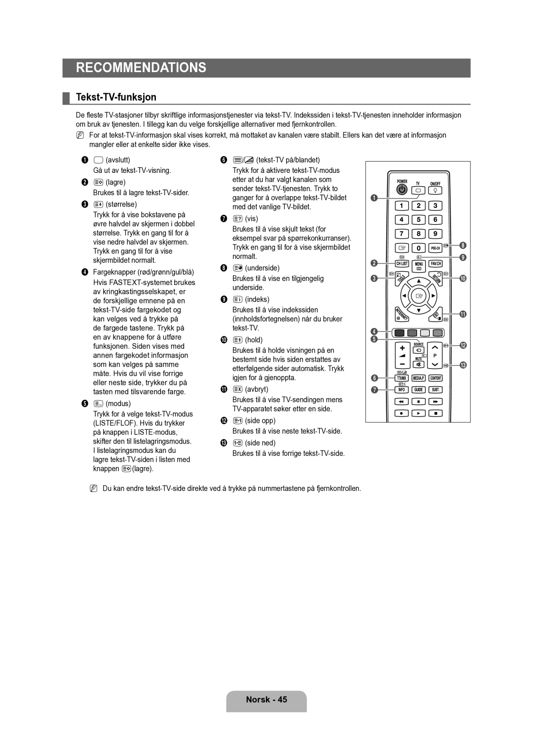 Samsung UE40B6050VWXXE manual Tekst-TV-funksjon 