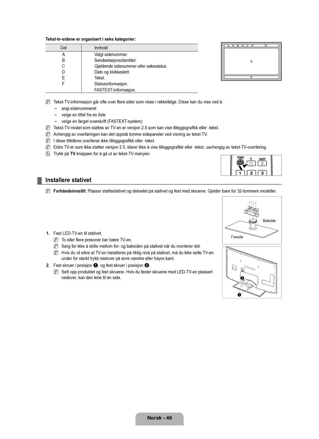 Samsung UE40B6050VWXXE manual Installere stativet, Tekst-tv-sidene er organisert i seks kategorier 