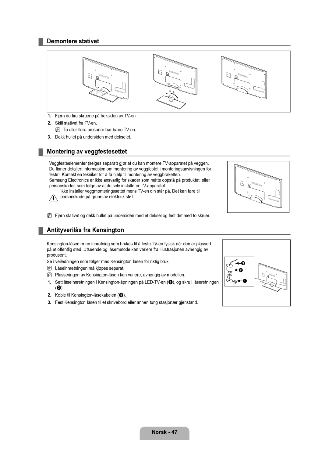 Samsung UE40B6050VWXXE manual Demontere stativet, Montering av veggfestesettet, Antityverilås fra Kensington 