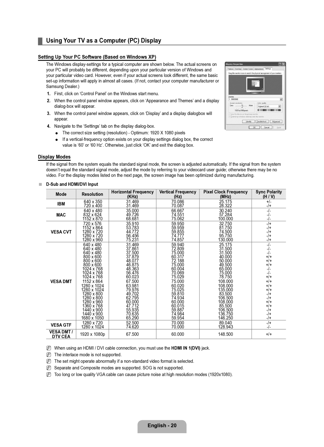 Samsung UE40B6050VWXXE manual Using Your TV as a Computer PC Display, Setting Up Your PC Software Based on Windows XP 