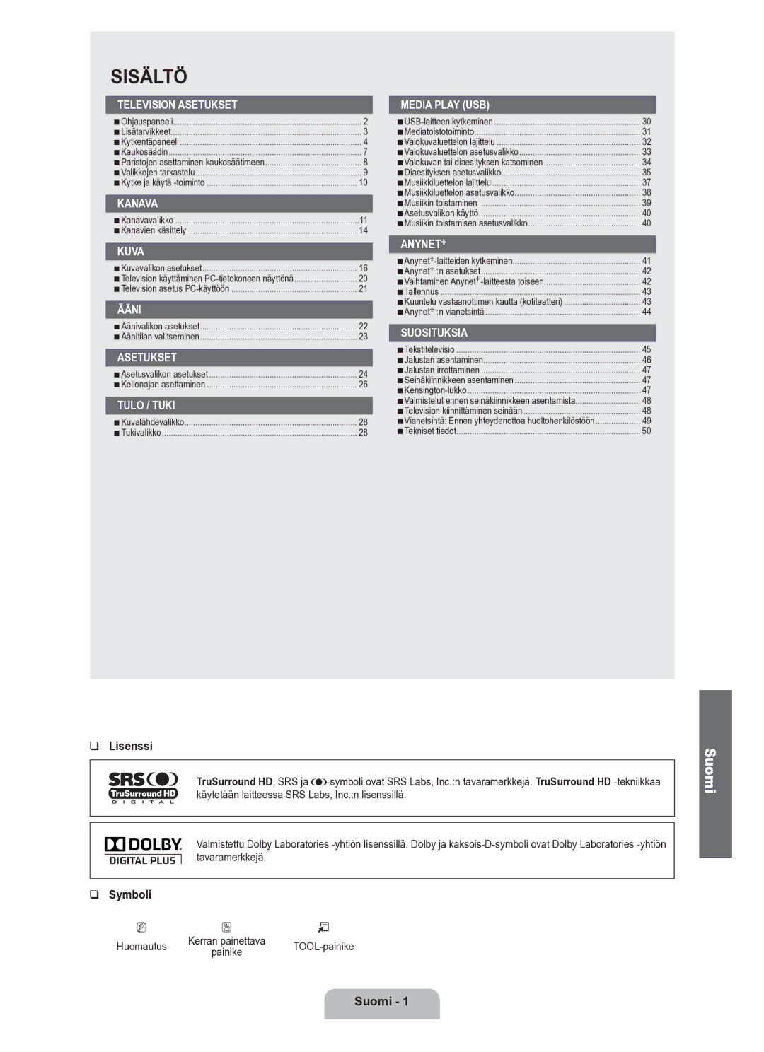 Samsung UE40B6050VWXXE manual Lisenssi, Symboli, Suomi 