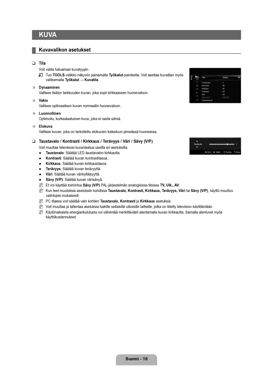 Samsung UE40B6050VWXXE manual Kuvavalikon asetukset, Tila 