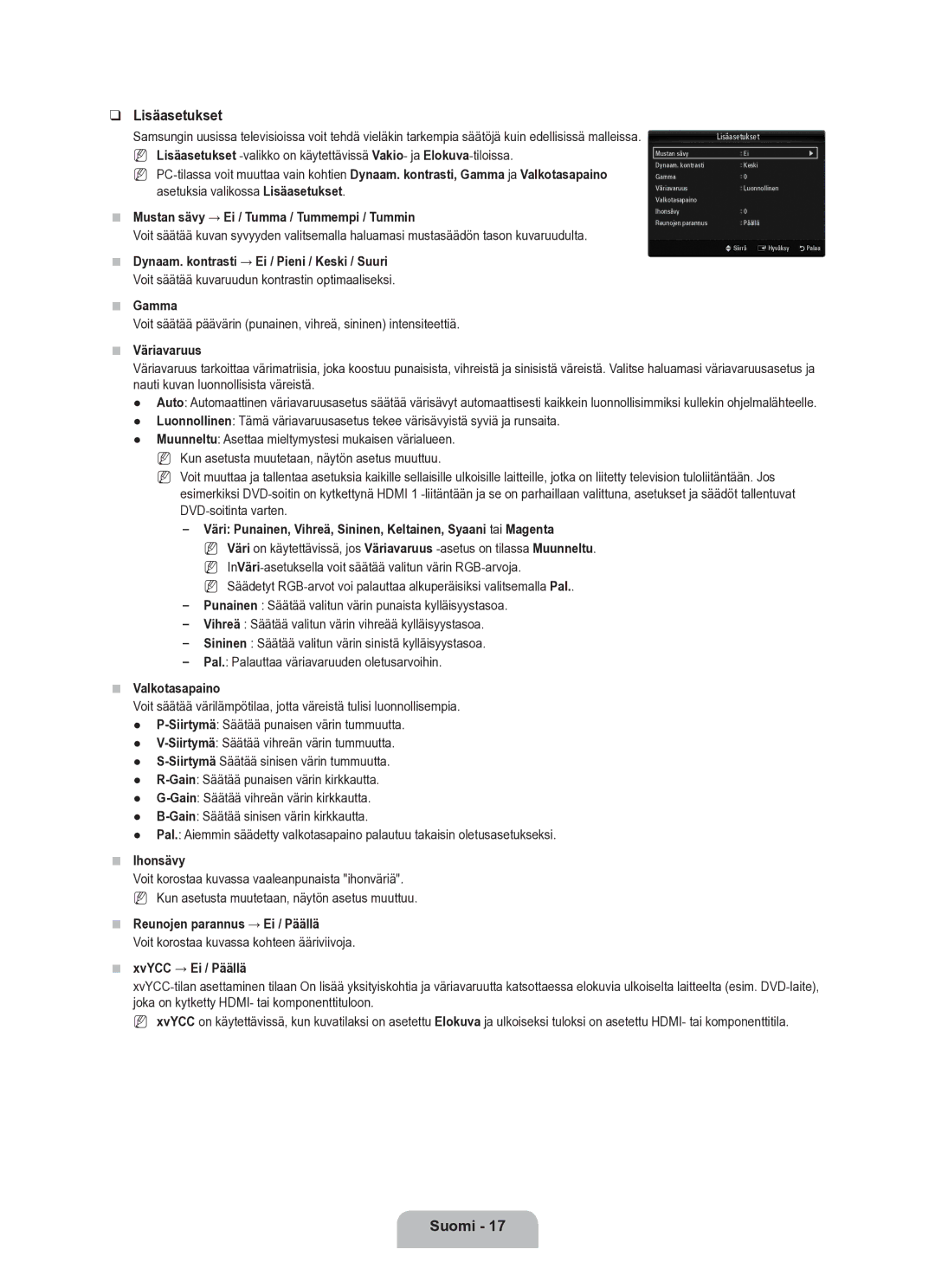 Samsung UE40B6050VWXXE manual Lisäasetukset 