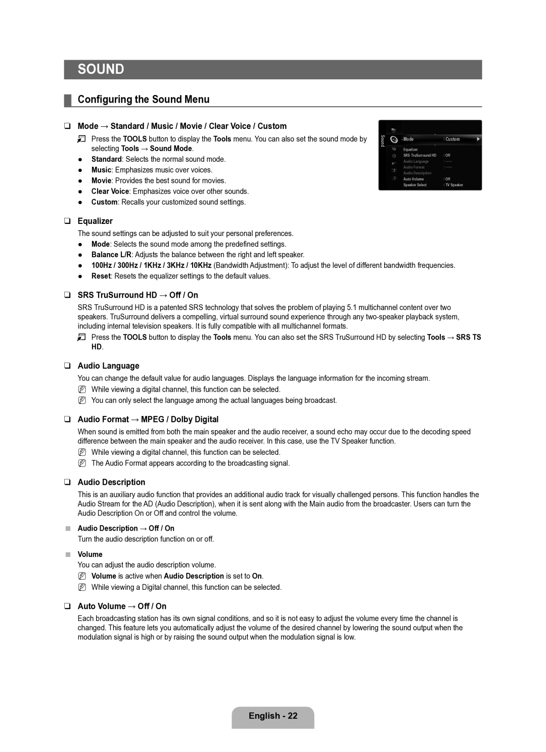 Samsung UE40B6050VWXXE manual Configuring the Sound Menu 