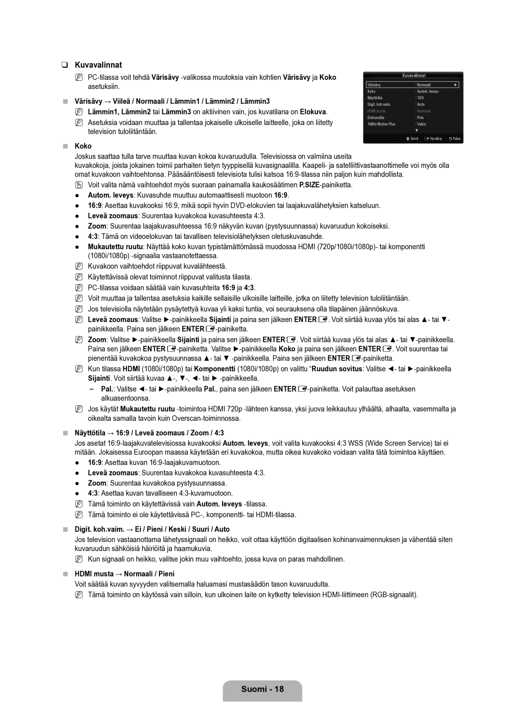 Samsung UE40B6050VWXXE manual Kuvavalinnat 