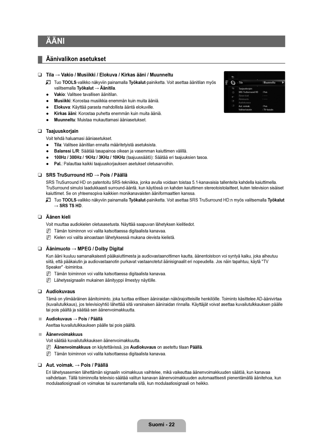 Samsung UE40B6050VWXXE manual Äänivalikon asetukset 