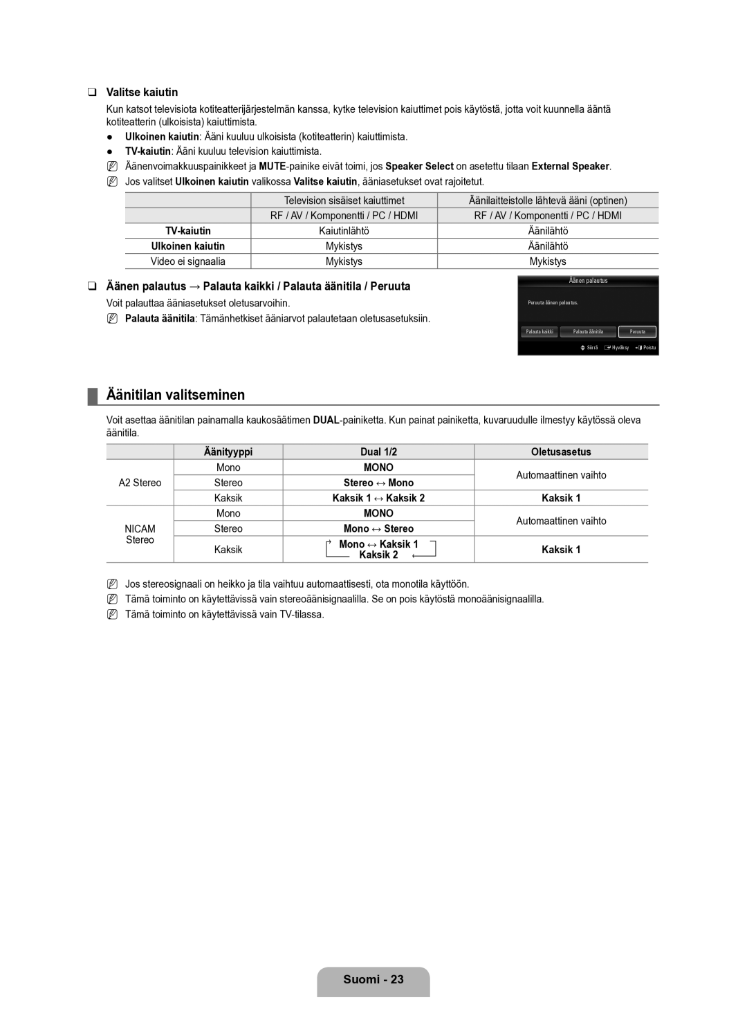 Samsung UE40B6050VWXXE manual Äänitilan valitseminen, Valitse kaiutin, Äänityyppi Dual 1/2 Oletusasetus, Mono ↔ Kaksik 