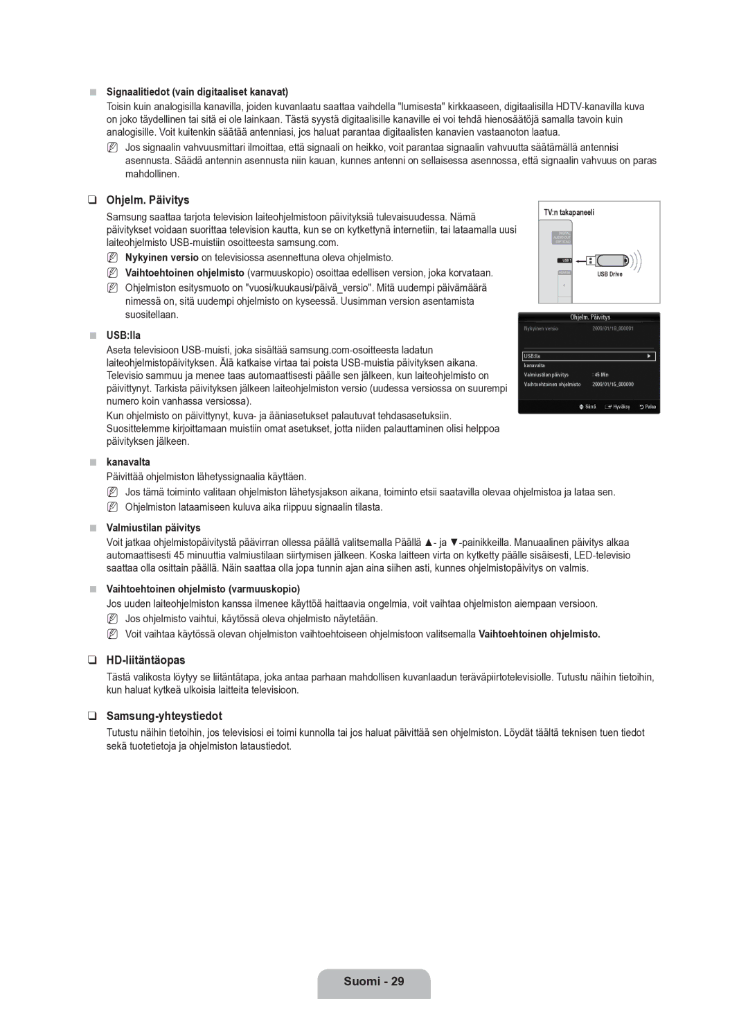 Samsung UE40B6050VWXXE manual Ohjelm. Päivitys, HD-liitäntäopas, Samsung-yhteystiedot, Numero koin vanhassa versiossa 