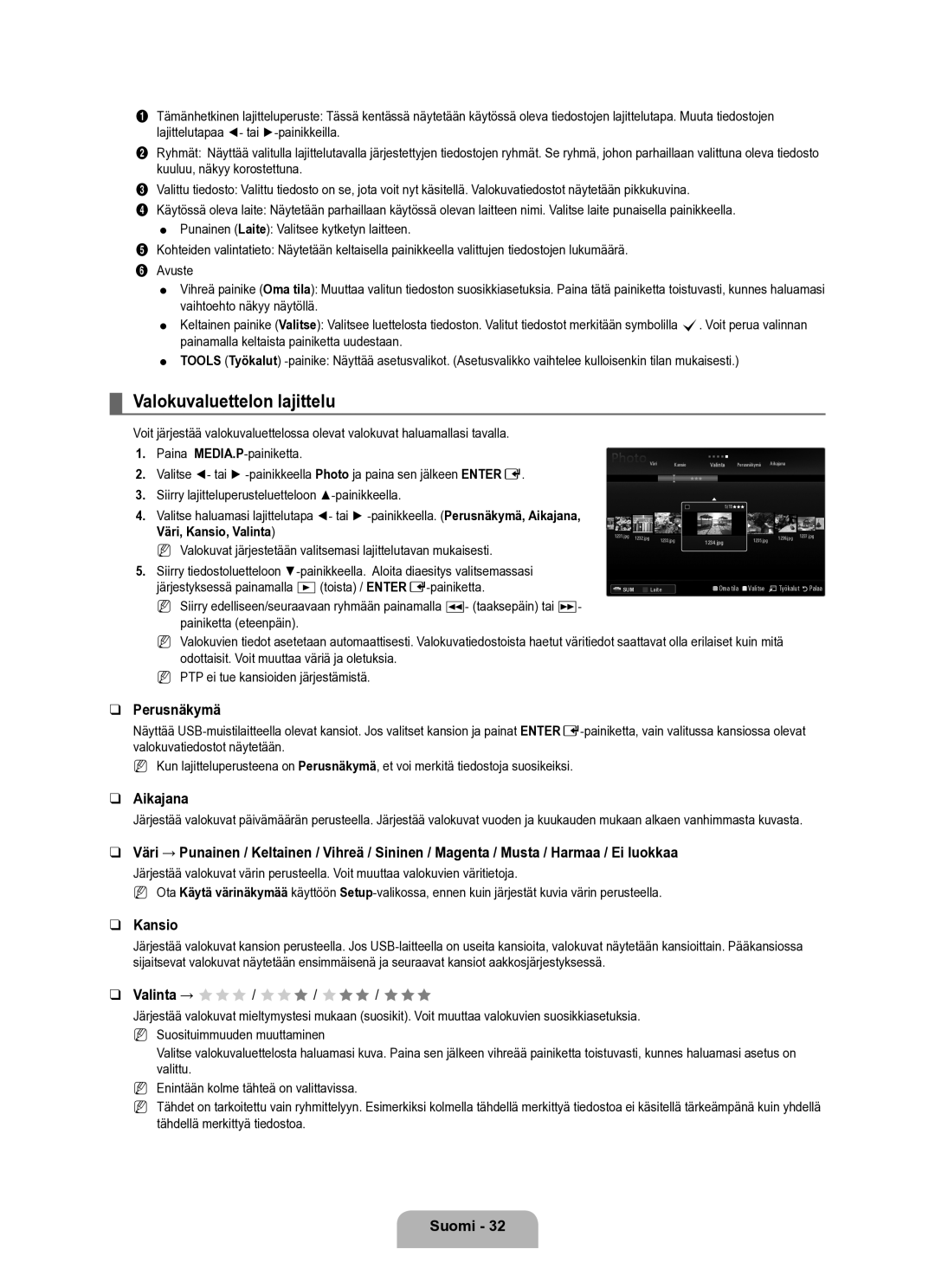 Samsung UE40B6050VWXXE manual Valokuvaluettelon lajittelu, Perusnäkymä, Aikajana, Kansio, Valinta → FFF / FFF / FFF / FFF 