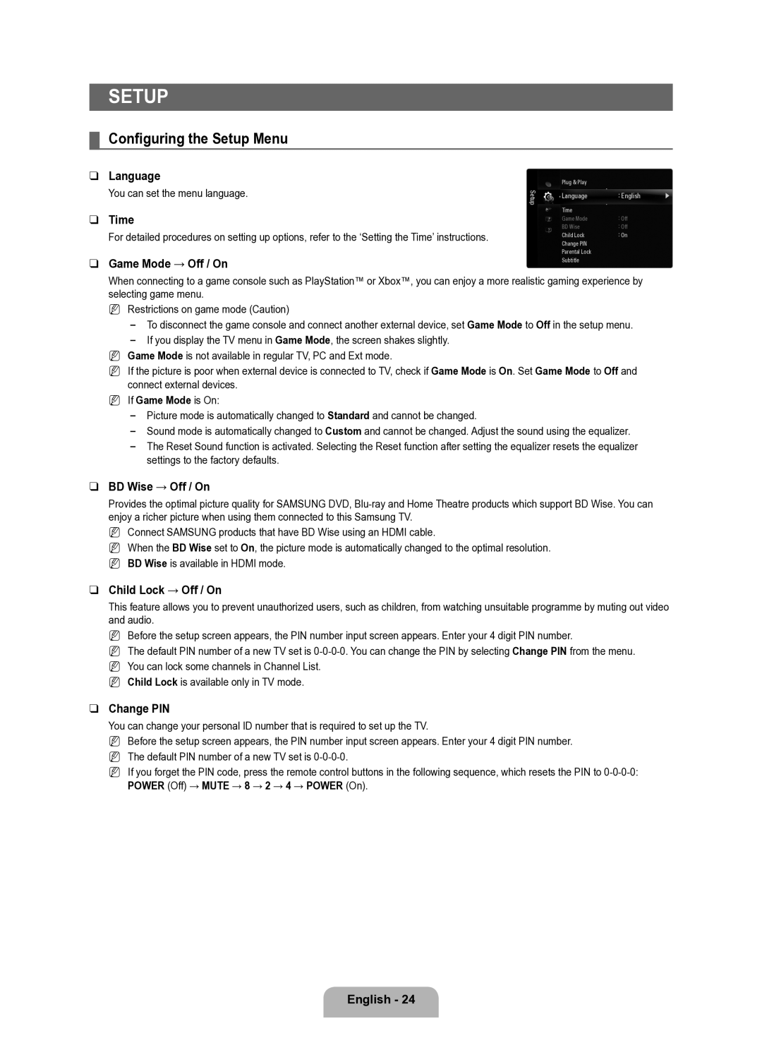 Samsung UE40B6050VWXXE manual Configuring the Setup Menu 