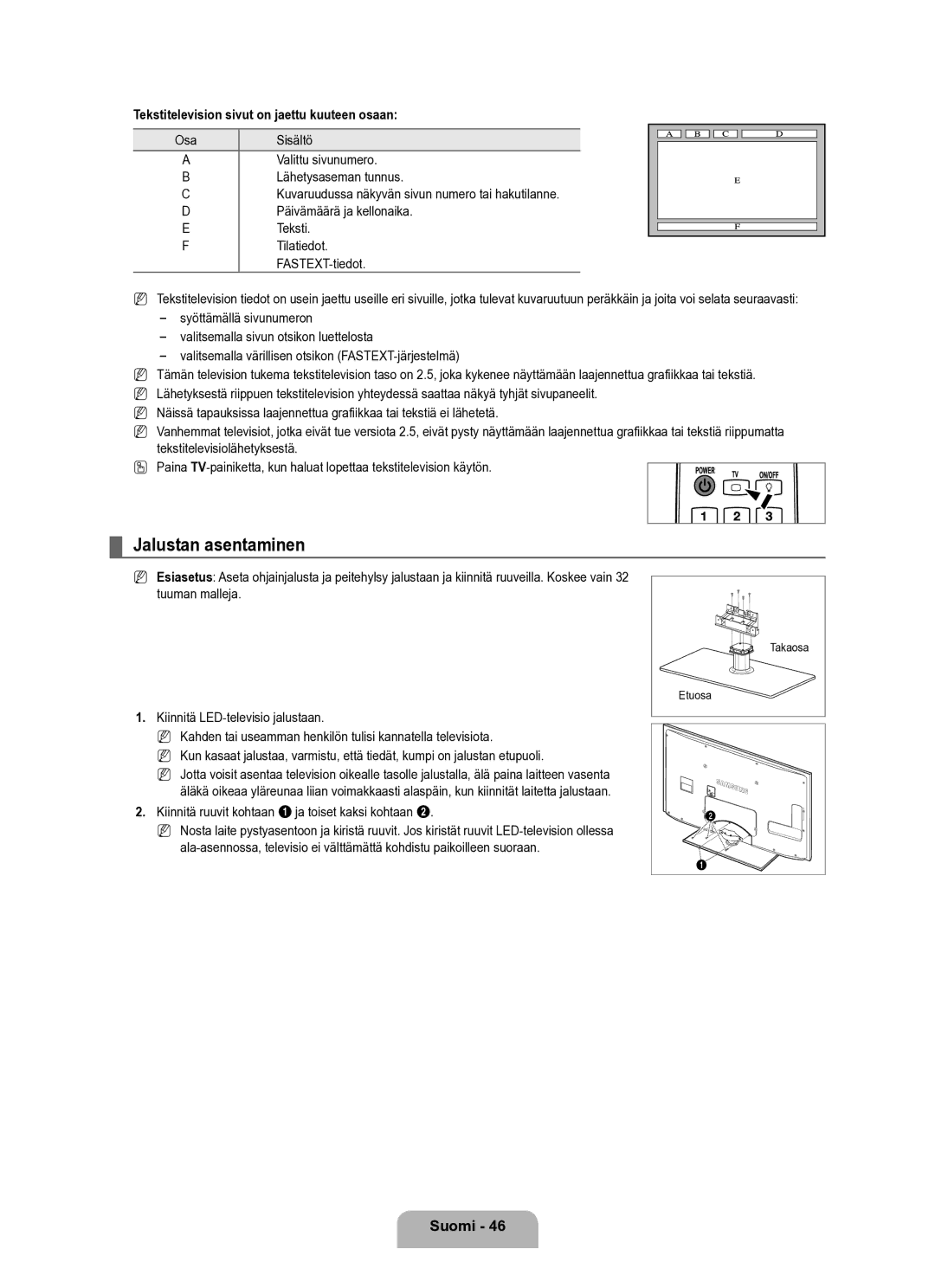 Samsung UE40B6050VWXXE manual Jalustan asentaminen, Tekstitelevision sivut on jaettu kuuteen osaan 