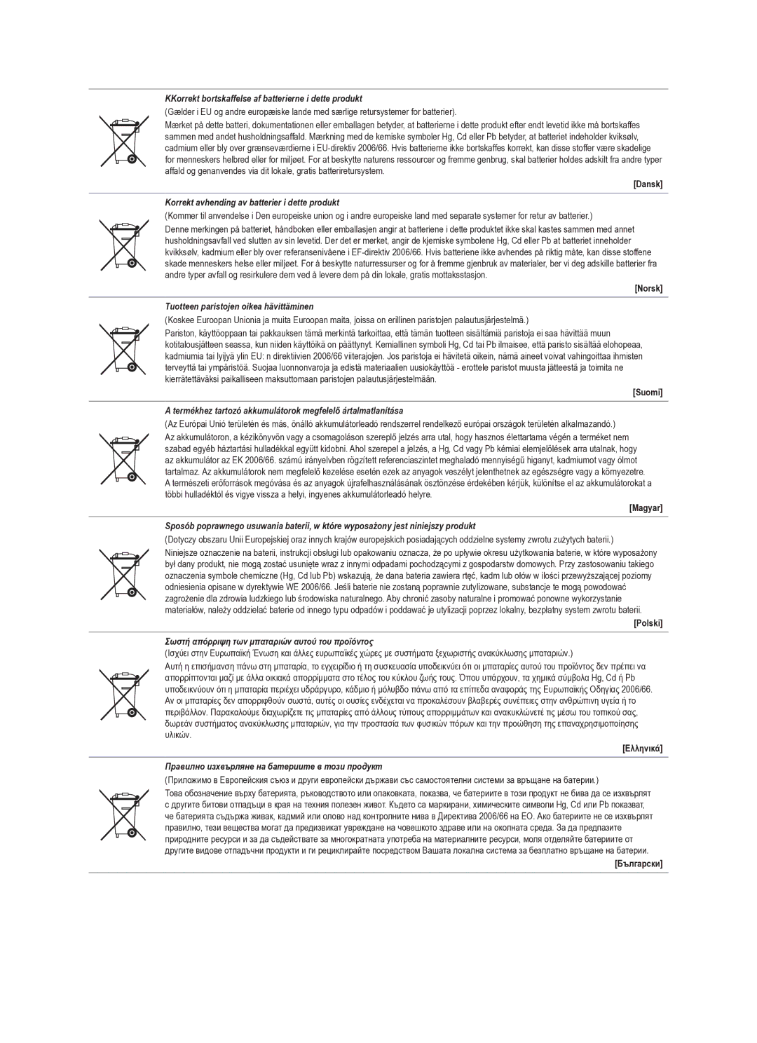 Samsung UE40B6050VWXXE manual KKorrekt bortskaffelse af batterierne i dette produkt 