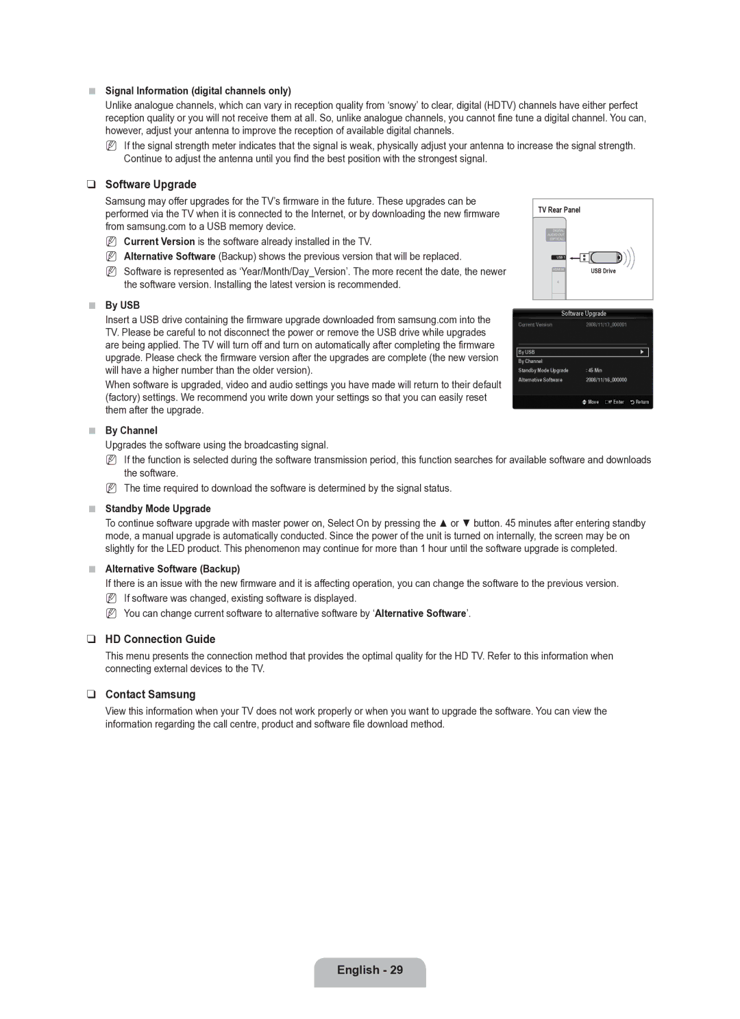 Samsung UE40B6050VWXXE manual Software Upgrade, HD Connection Guide, Contact Samsung 