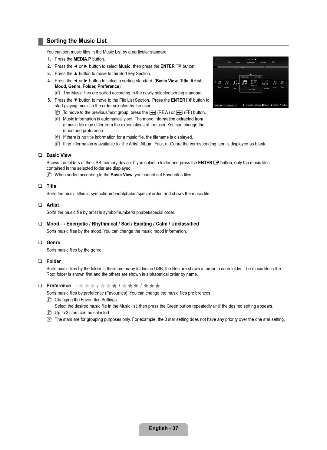 Samsung UE40B6050VWXXE manual Sorting the Music List, Title, Artist, Mood, Genre, Folder, Preference 