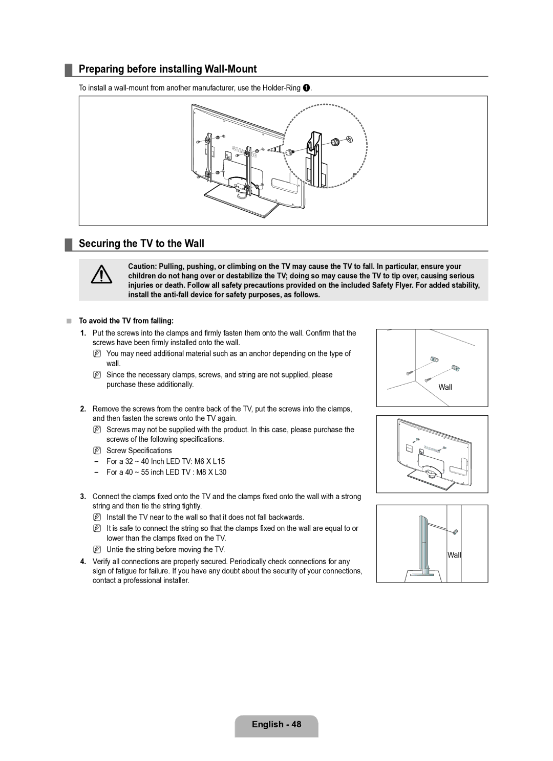 Samsung UE40B6050VWXXE Preparing before installing Wall-Mount, Securing the TV to the Wall, To avoid the TV from falling 