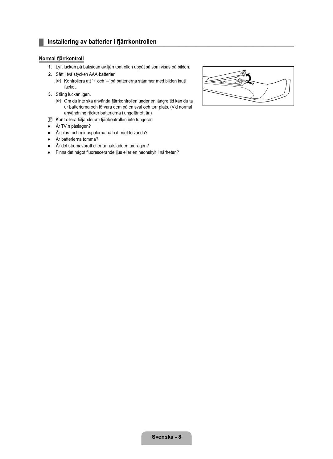 Samsung UE40B6050VWXXE manual Installering av batterier i fjärrkontrollen, Normal fjärrkontroll 