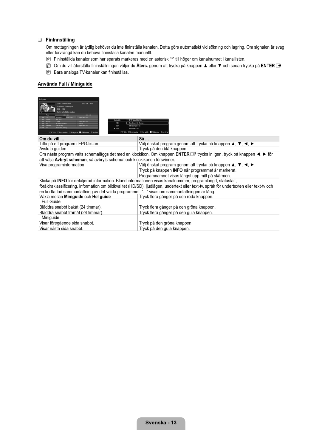 Samsung UE40B6050VWXXE manual FinInnstilling, Använda Full / Miniguide, Om du vill, Växla mellan Miniguide och Hel guide 