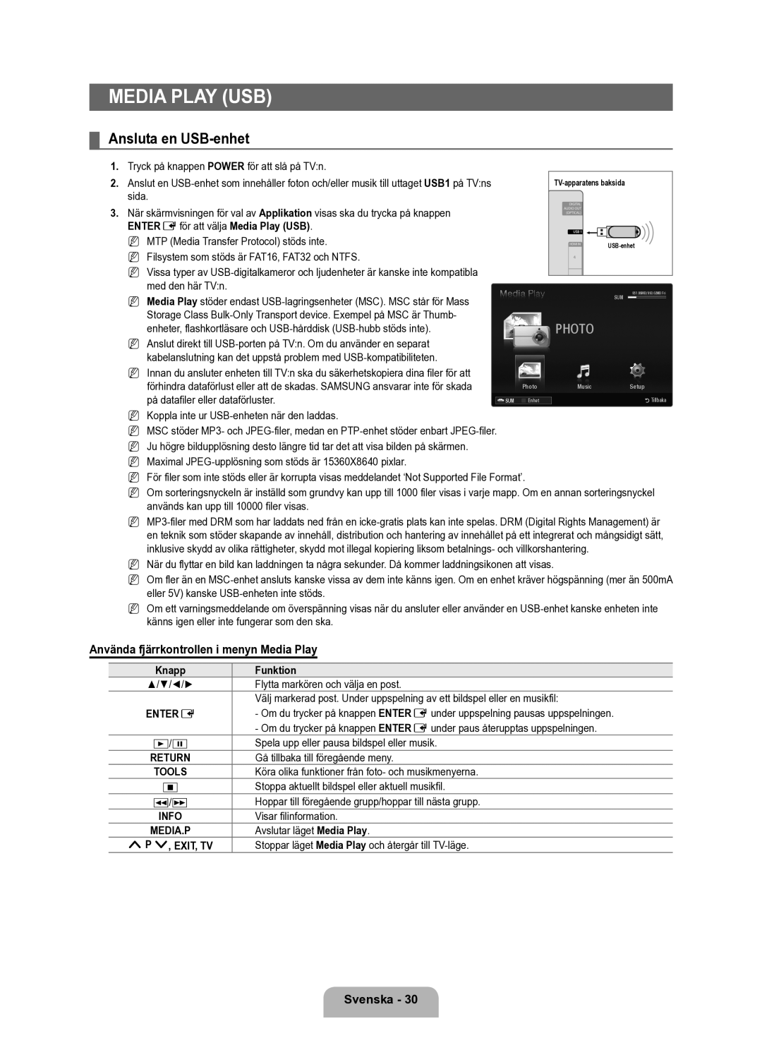 Samsung UE40B6050VWXXE manual Ansluta en USB-enhet, Använda fjärrkontrollen i menyn Media Play, Funktion 