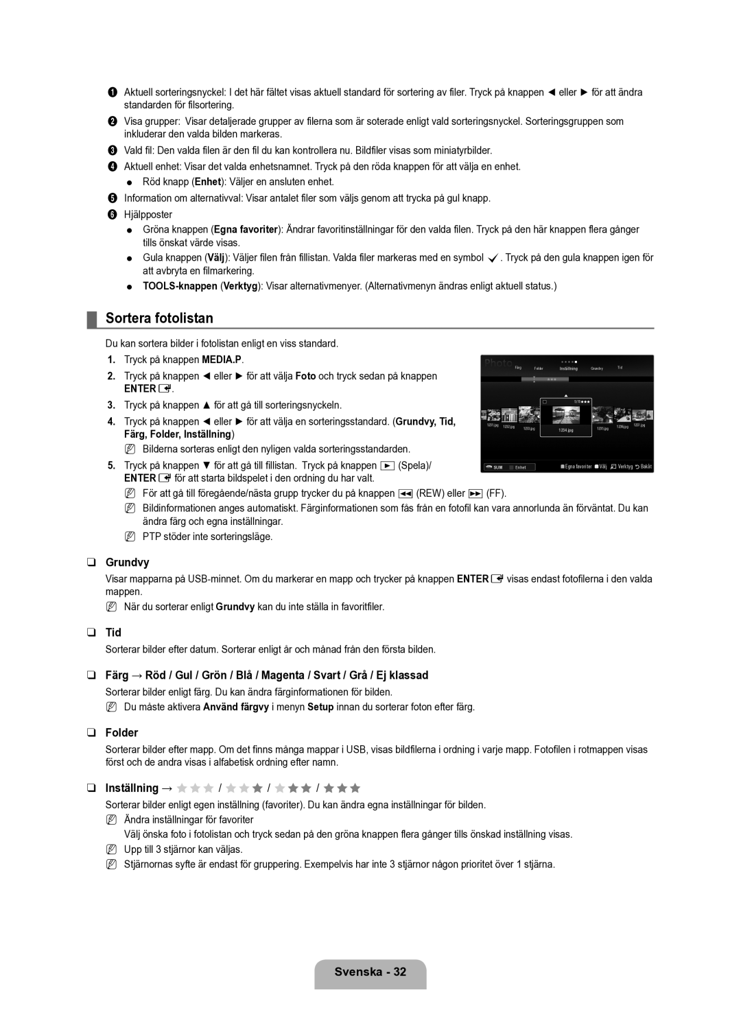 Samsung UE40B6050VWXXE manual Sortera fotolistan, Grundvy, Inställning → FFF / FFF / FFF / FFF, Färg, Folder, Inställning 