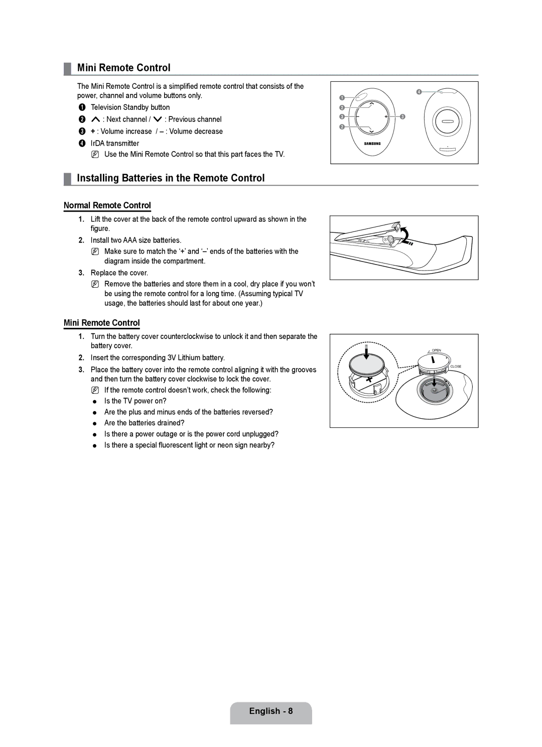 Samsung UE40B7000WWXZG manual Mini Remote Control, Installing Batteries in the Remote Control, Normal Remote Control 