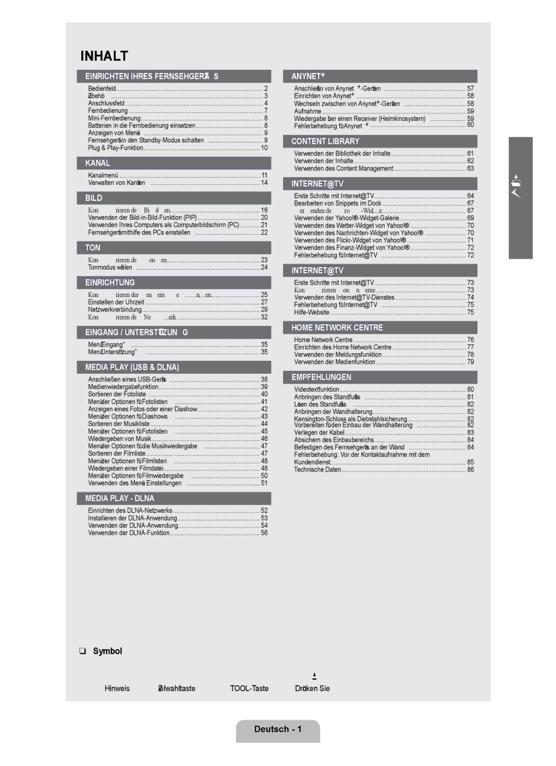 Samsung UE40B7000WWXXN, UE40B7000WWXUA, UE32B7000WPXXN, UE40B7000WWXZG, UE32B7000WPXZG, UE40B7000WWXXC manual Inhalt, Deutsch 