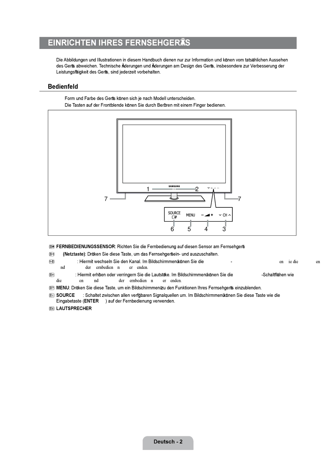 Samsung UE40B7000WWXUA, UE32B7000WPXXN, UE40B7000WWXZG, UE32B7000WPXZG manual Einrichten Ihres Fernsehgeräts, Bedienfeld 