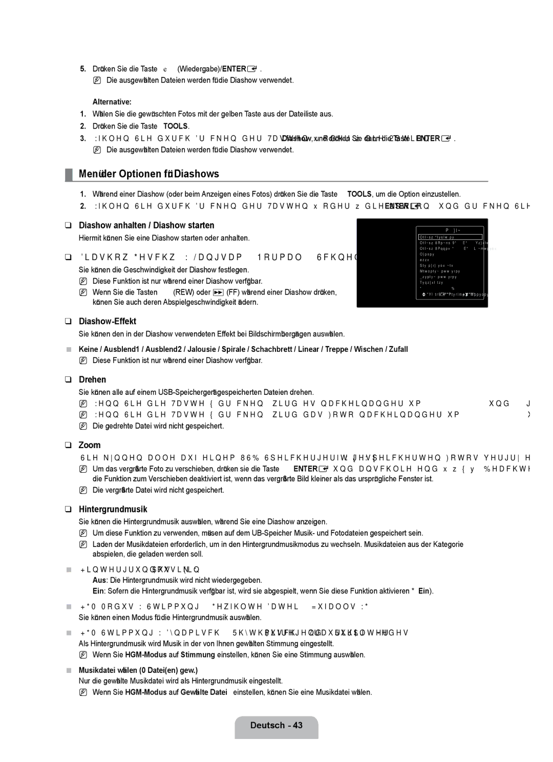 Samsung UE32B7000WPXXN, UE40B7000WWXUA, UE40B7000WWXZG, UE32B7000WPXZG, UE40B7000WWXXC manual Menü der Optionen für Diashows 