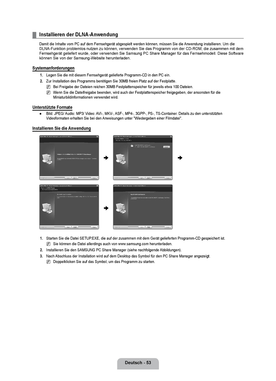 Samsung UE32B7000WPXZG, UE40B7000WWXUA manual Installieren der DLNA-Anwendung, Systemanforderungen, Unterstützte Formate 