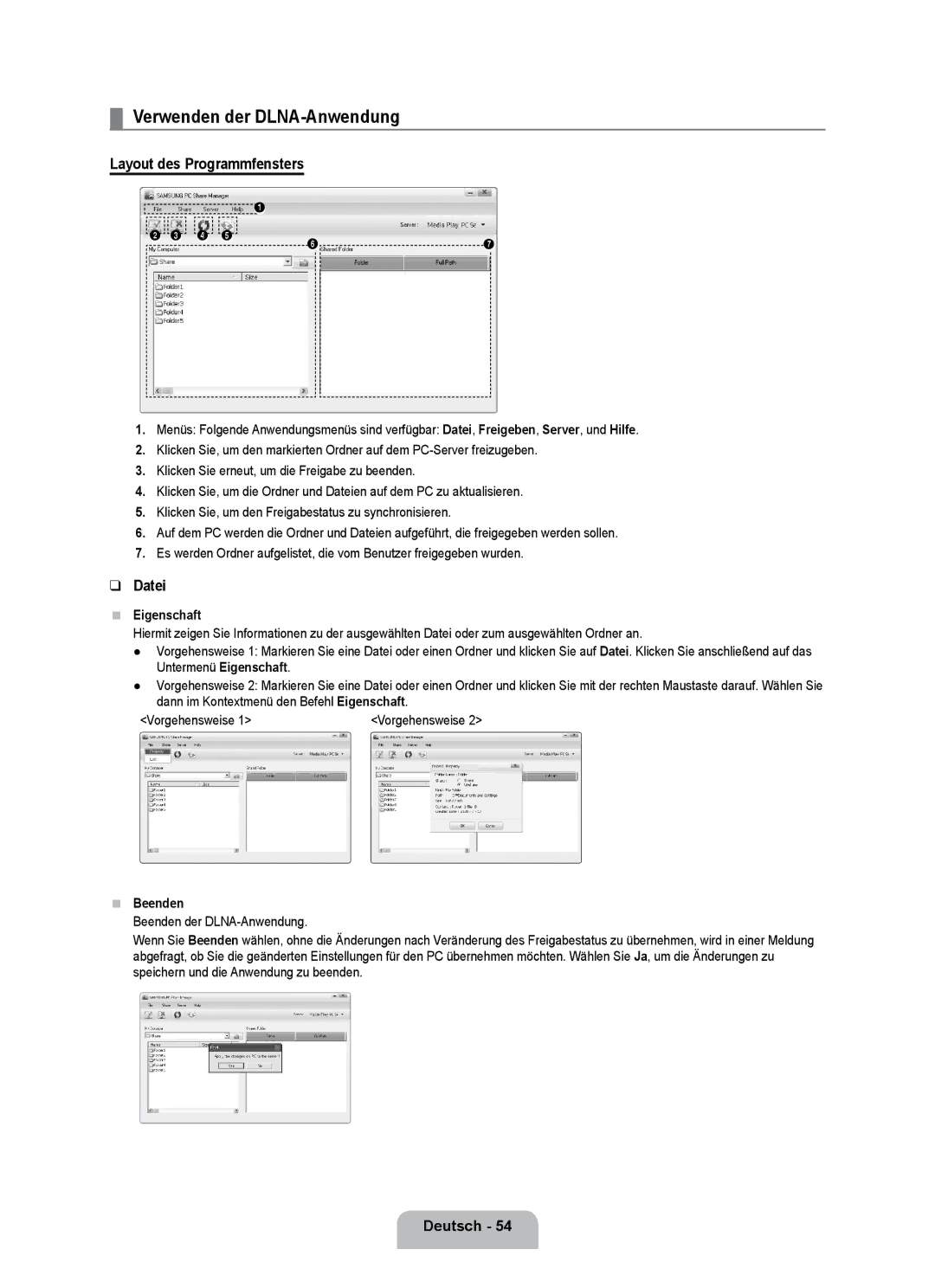 Samsung UE40B7000WWXXC manual Verwenden der DLNA-Anwendung, Layout des Programmfensters, Datei, Eigenschaft, Beenden 