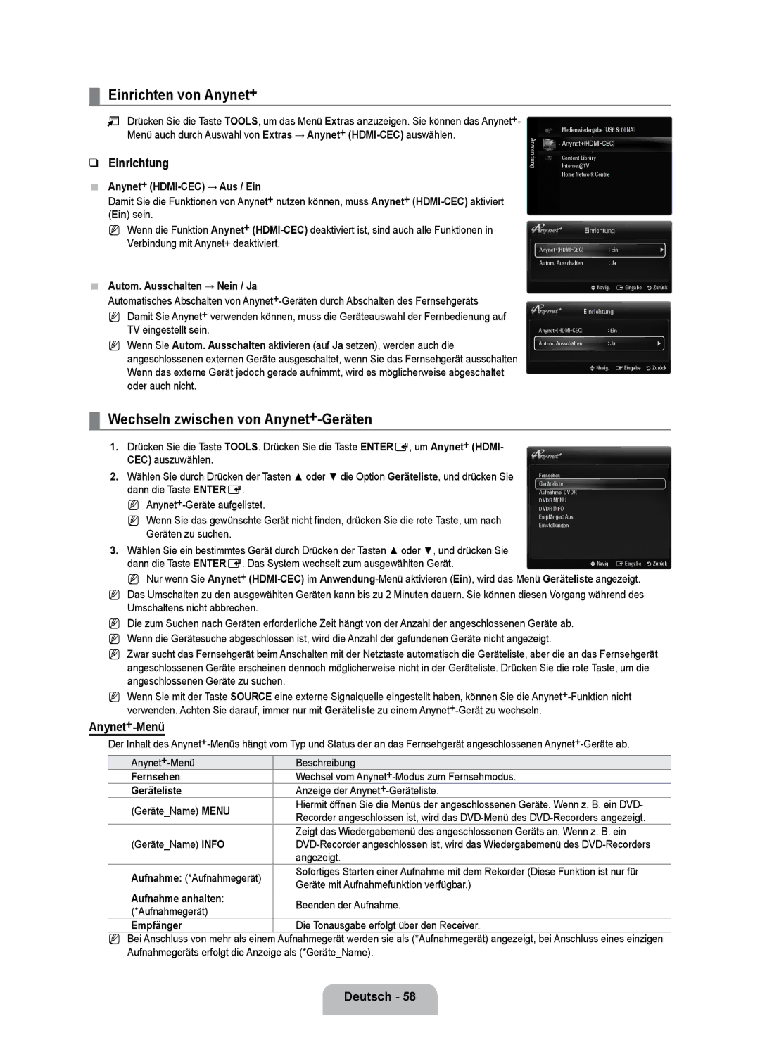 Samsung UE40B7000WWXUA manual Einrichten von Anynet+, Wechseln zwischen von Anynet+-Geräten, Einrichtung, Anynet+-Menü 