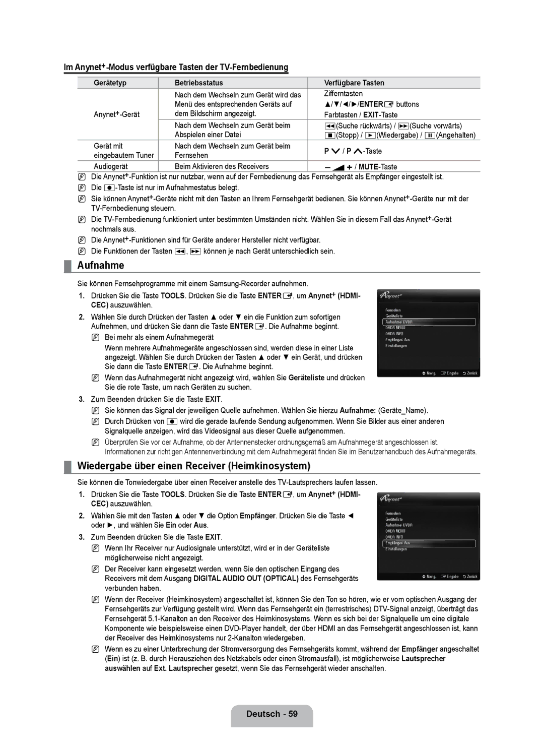 Samsung UE32B7000WPXXN Aufnahme, Wiedergabe über einen Receiver Heimkinosystem, Gerätetyp Betriebsstatus Verfügbare Tasten 