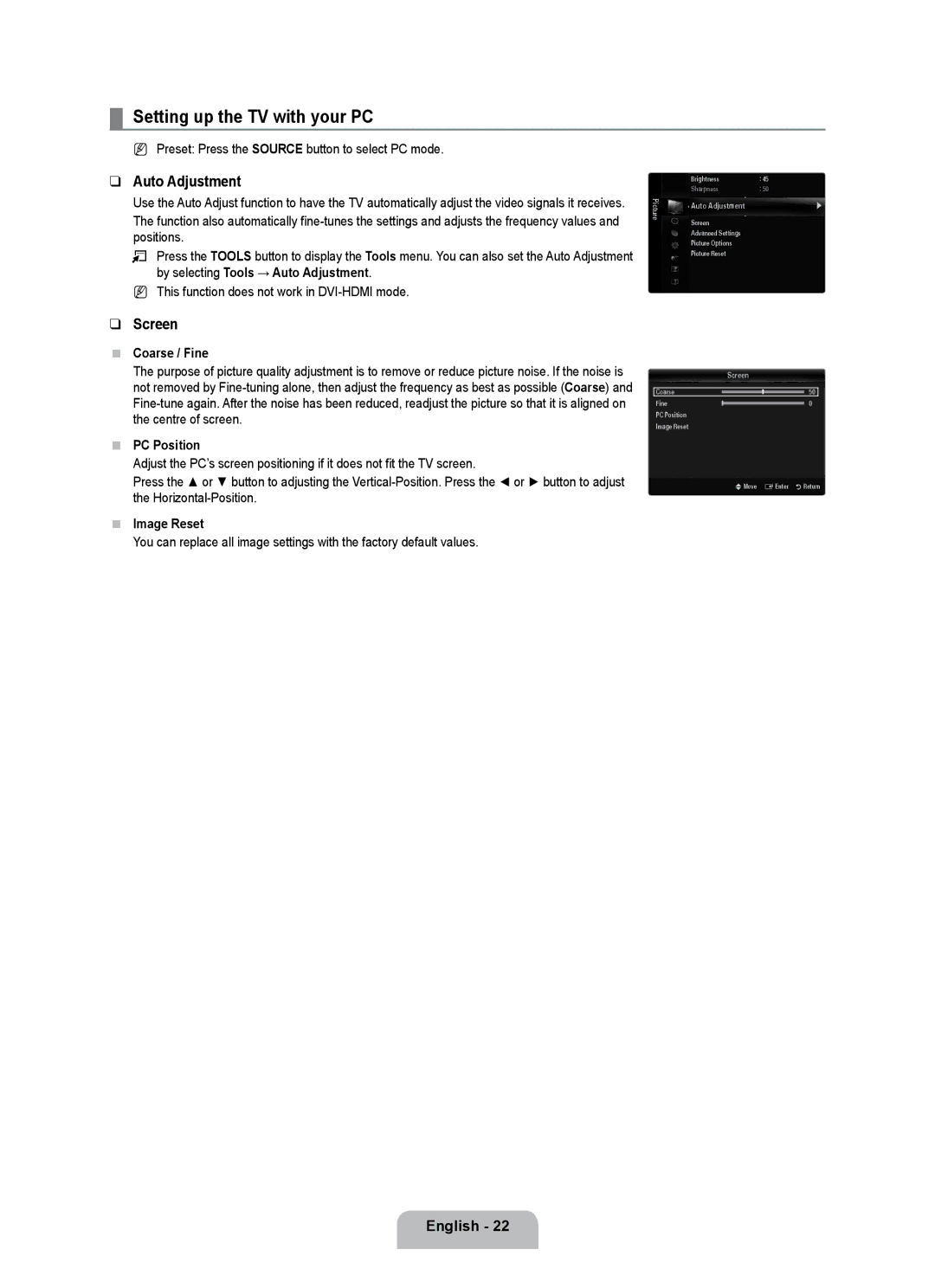 Samsung UE40B7000WWXUA, UE32B7000WPXXN, UE40B7000WWXZG manual Setting up the TV with your PC, Auto Adjustment, Screen 