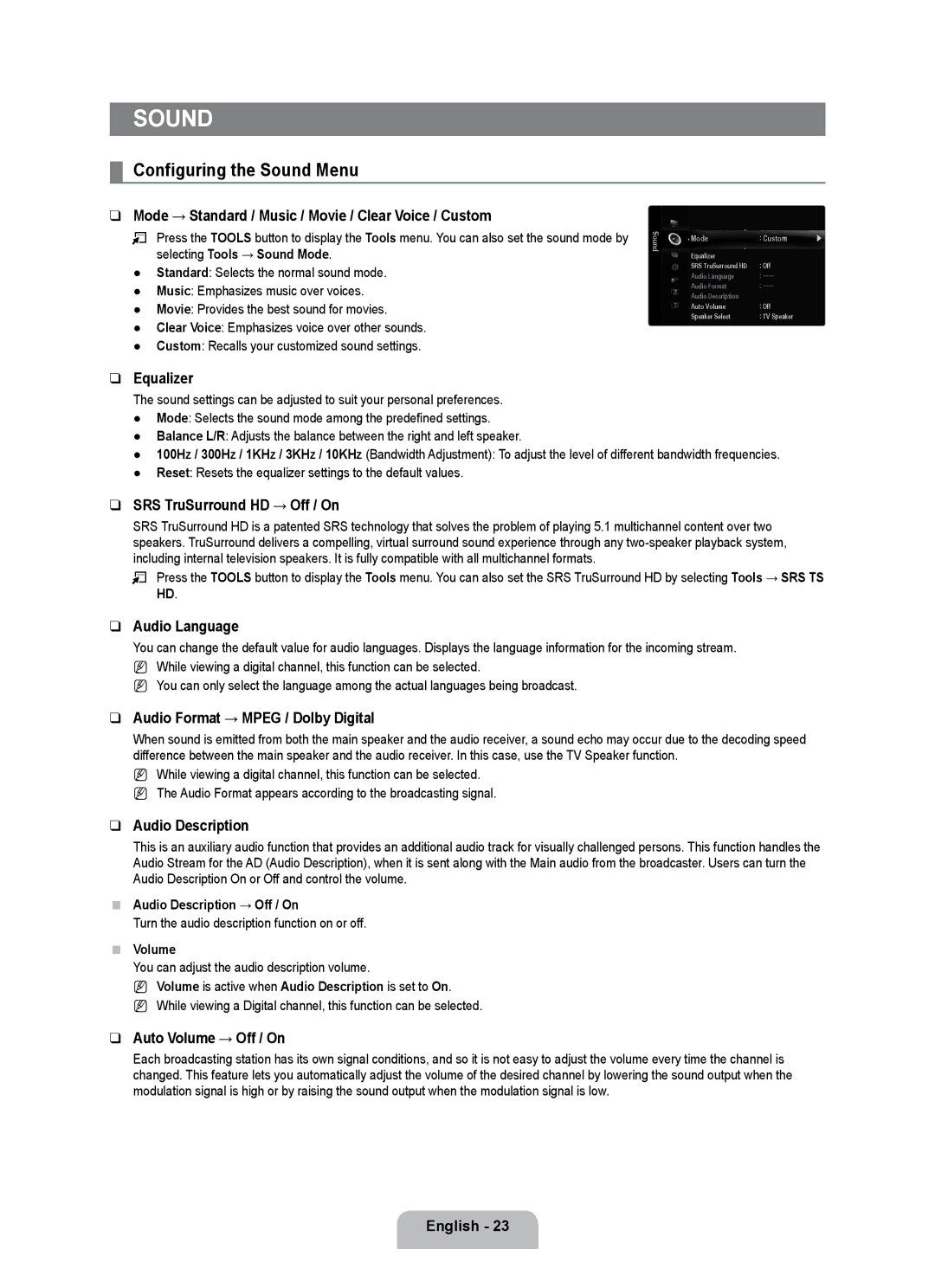 Samsung UE32B7000WPXXN, UE40B7000WWXUA, UE40B7000WWXZG, UE32B7000WPXZG, UE40B7000WWXXC manual Configuring the Sound Menu 