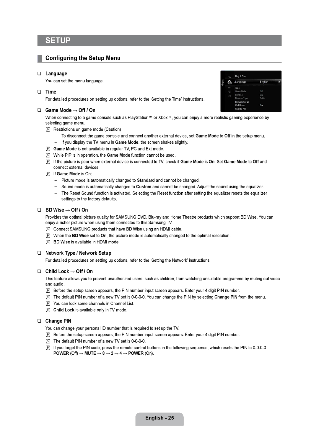 Samsung UE32B7000WPXZG, UE40B7000WWXUA, UE32B7000WPXXN, UE40B7000WWXZG, UE40B7000WWXXC manual Configuring the Setup Menu 