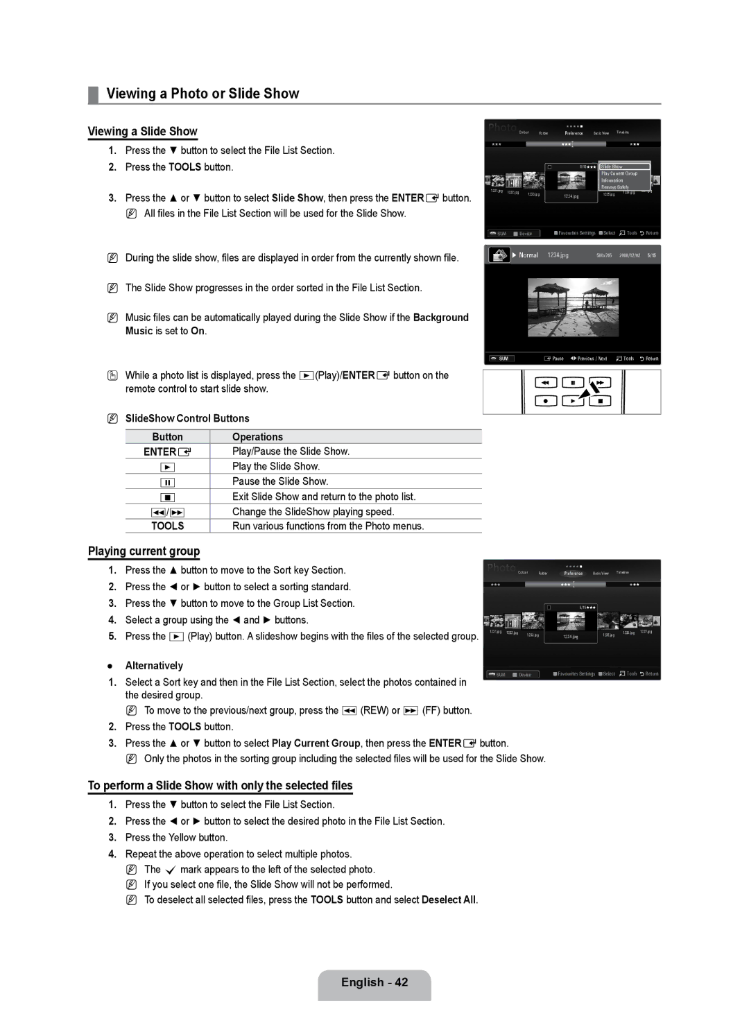 Samsung UE40B7000WWXXC, UE40B7000WWXUA manual Viewing a Photo or Slide Show, Viewing a Slide Show, Playing current group 