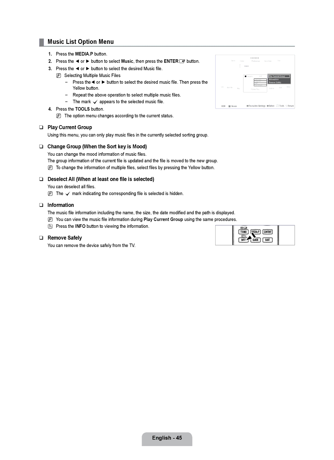 Samsung UE40B7000WWXXN, UE40B7000WWXUA, UE32B7000WPXXN manual Music List Option Menu, Change Group When the Sort key is Mood 