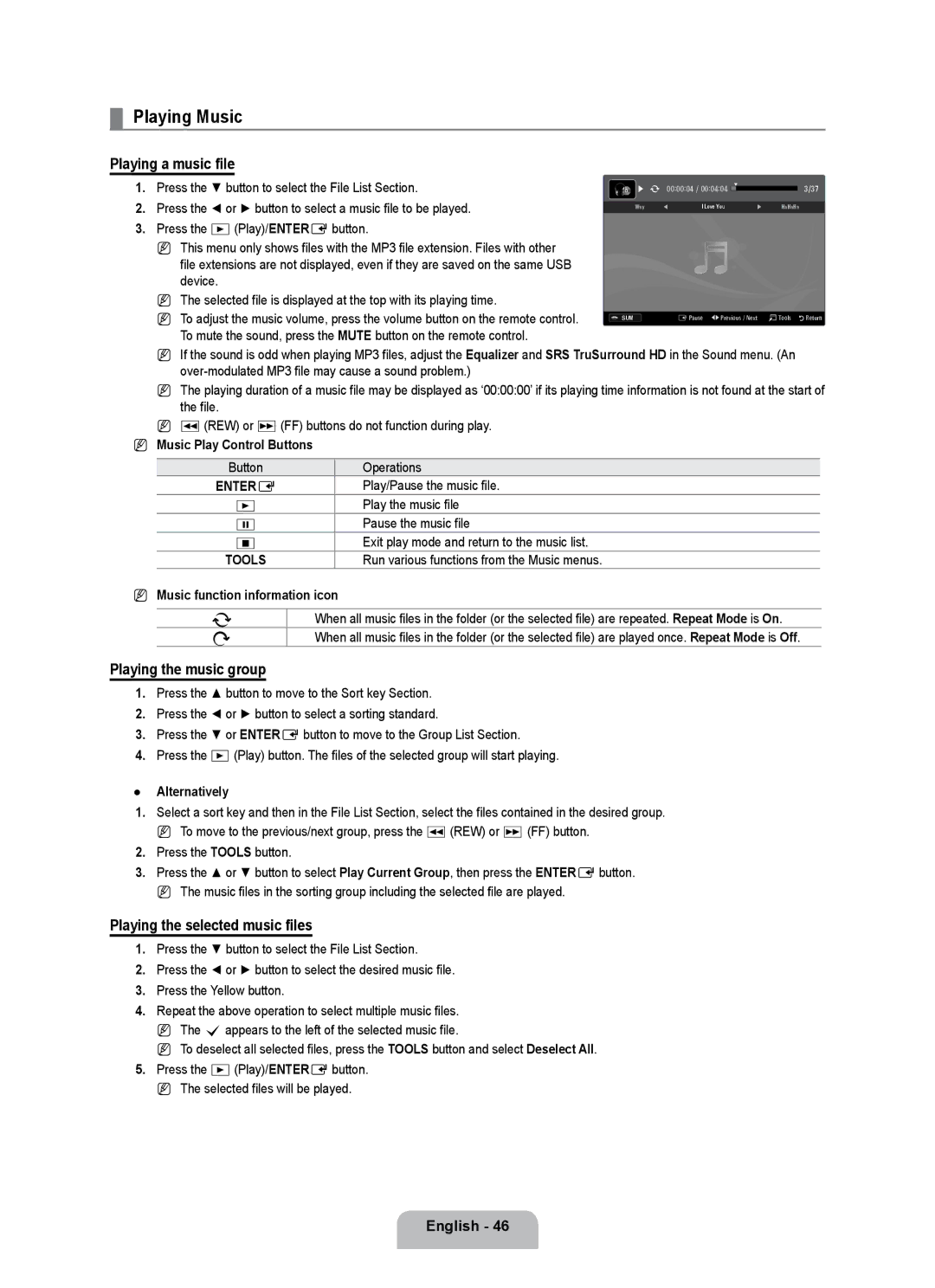 Samsung UE40B7000WWXUA Playing Music, Playing a music file, Playing the music group, Playing the selected music files 