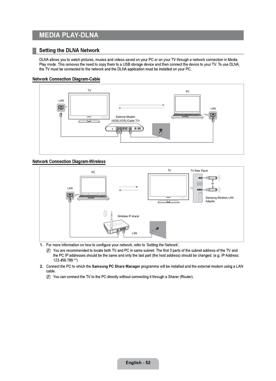 Samsung UE40B7000WWXBT Setting the Dlna Network, Network Connection Diagram-Cable, Network Connection Diagram-Wireless 